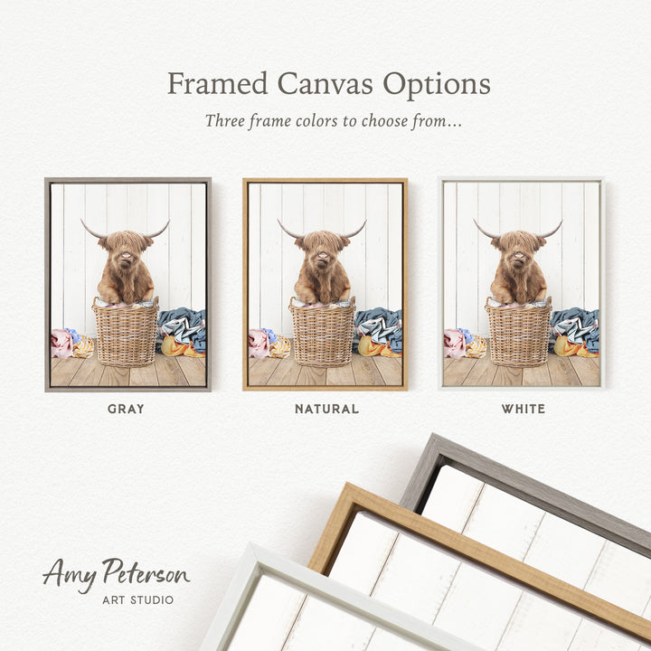 three framed canvas options, each featuring a brown cow sitting in a basket. The options include a gray, a natural, and a white frame.