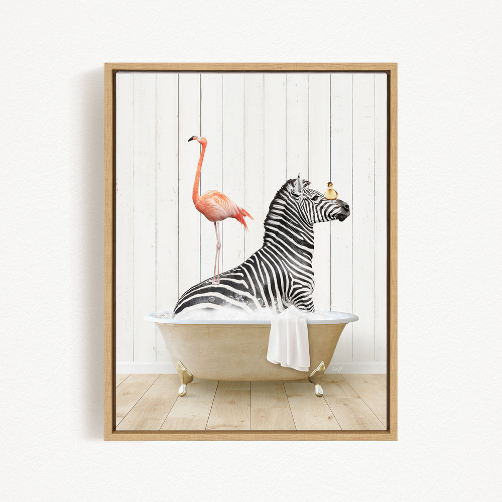A zebra is sitting in a bathtub filled with water, with a flamingo standing on its back.