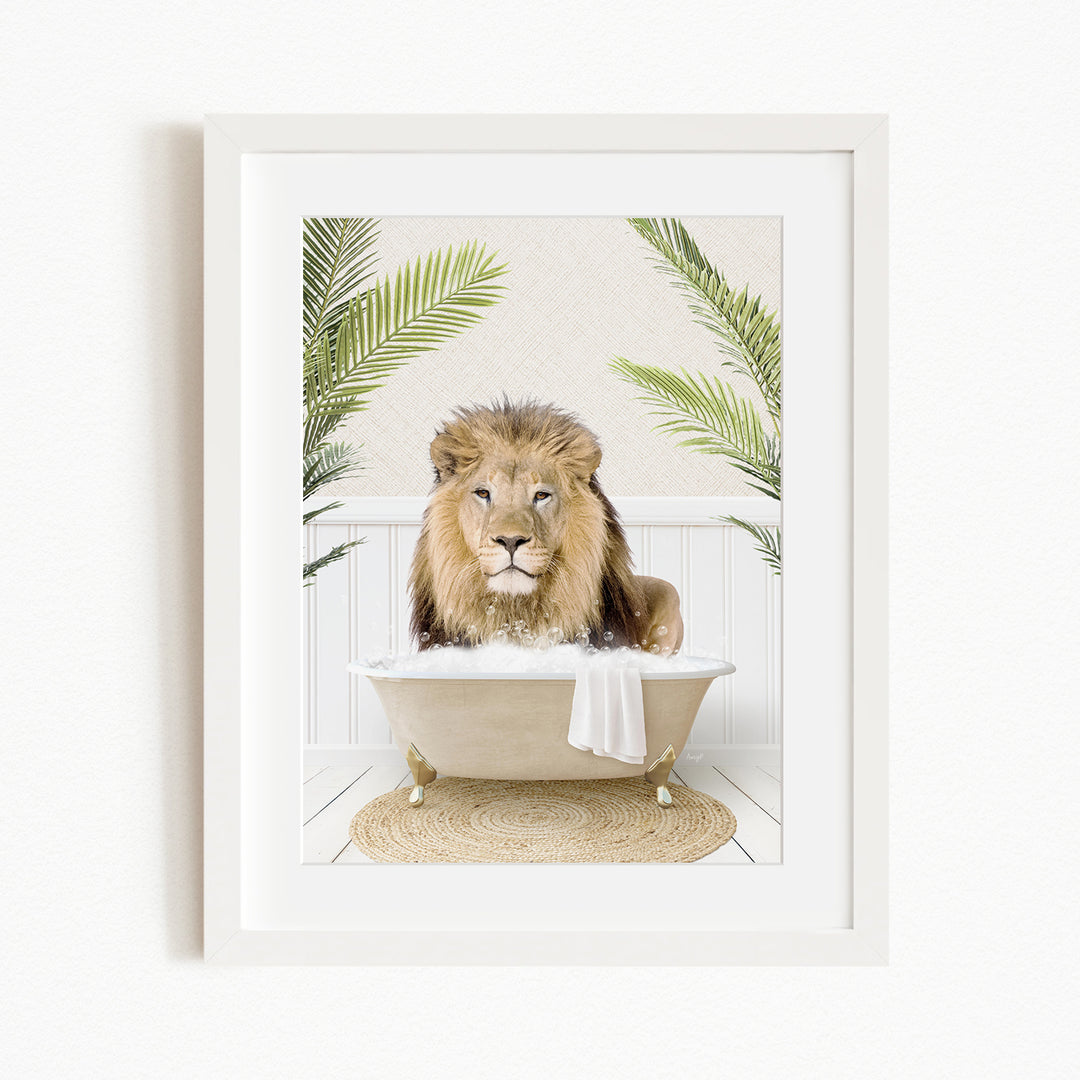 A lion sitting in a bathtub filled with water, surrounded by palm leaves.