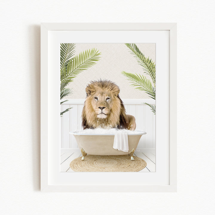 A lion sitting in a bathtub filled with water, surrounded by palm leaves.