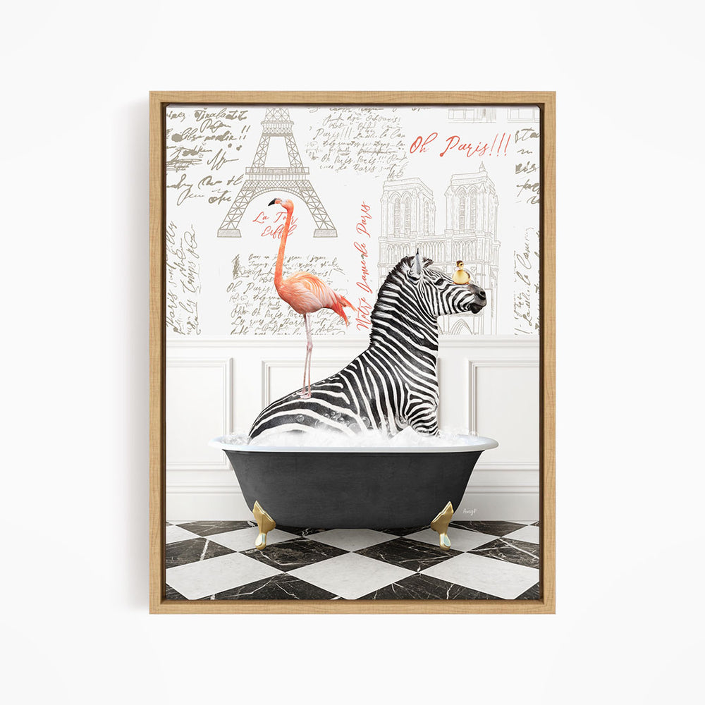 A framed image depicting a zebra sitting in a bathtub, with a pink flamingo standing on its back. The background features a wall with the Eiffel Tower and other Parisian landmarks.