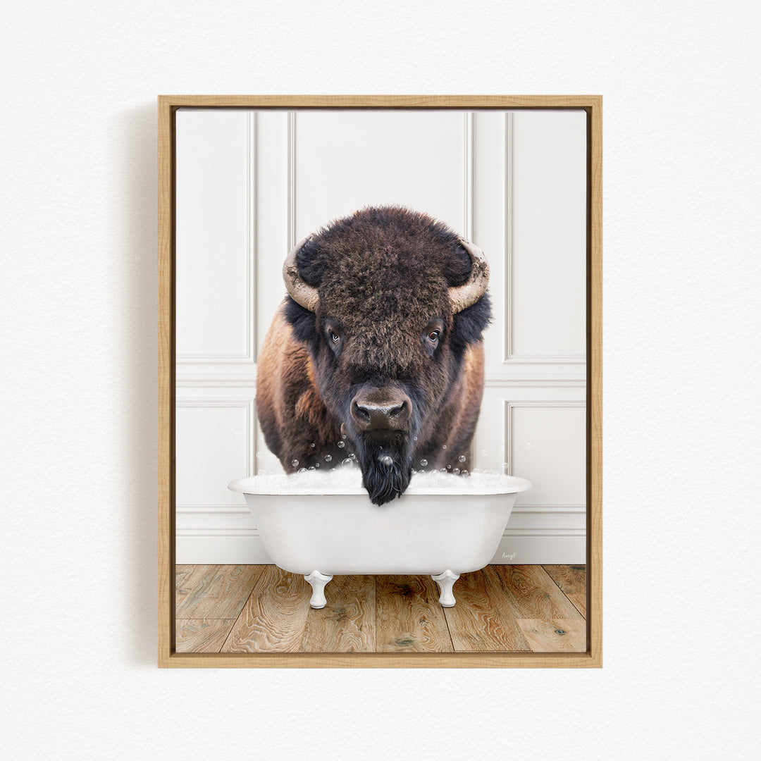 A buffalo with a long beard is standing in a white bathtub, with its head above the water and its mouth open, appearing to be enjoying a bath.