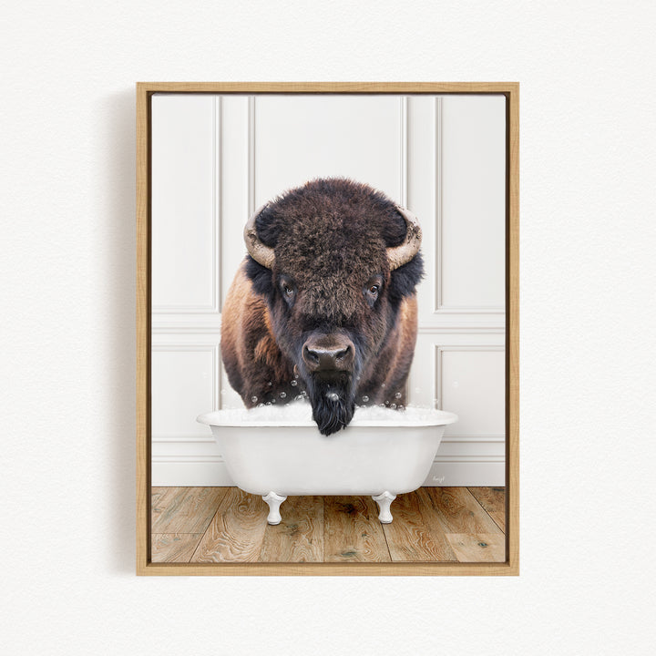 A buffalo with a long beard is standing in a white bathtub, with its head above the water and its mouth open, appearing to be enjoying a bath.