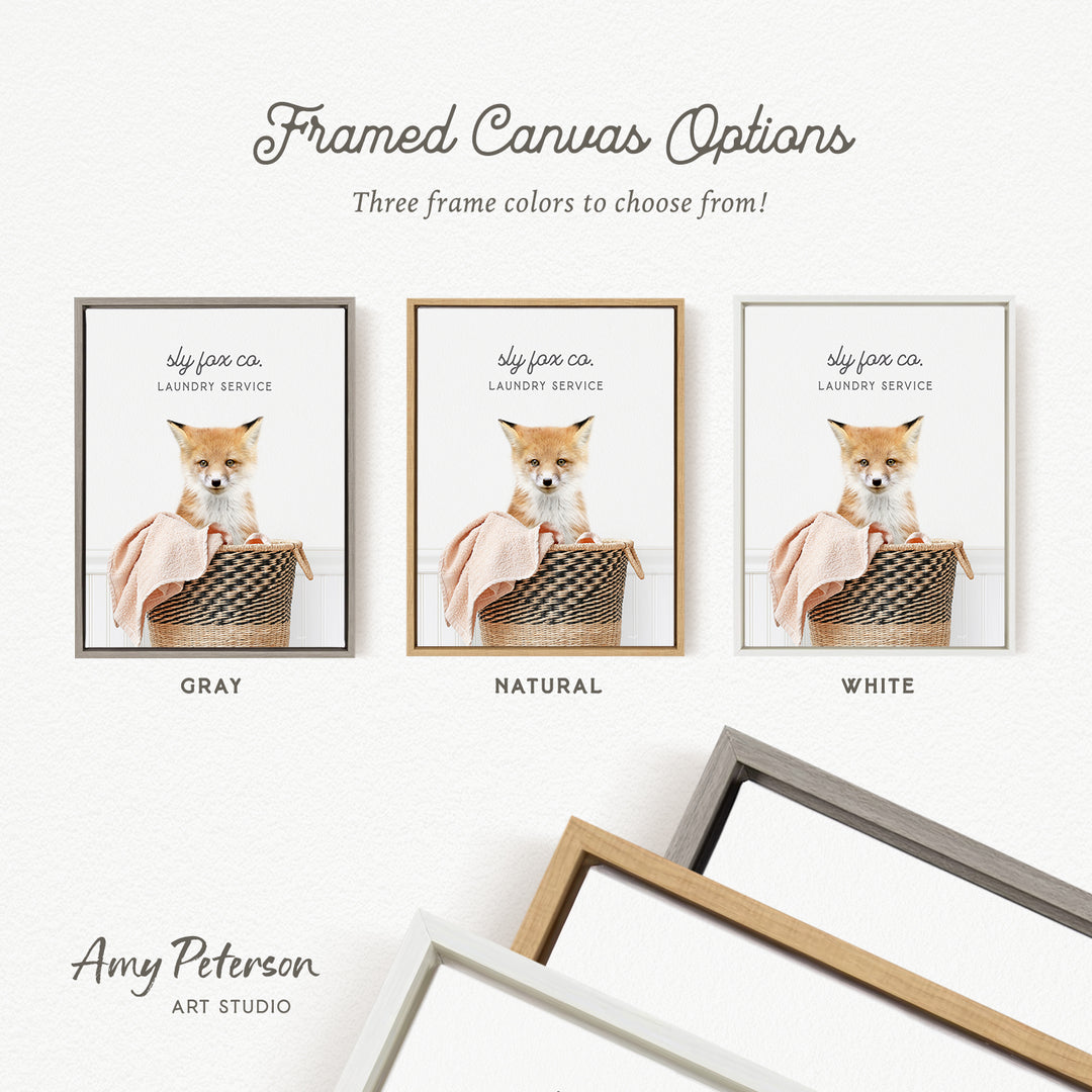 The image is a framed canvas with three different color options for a laundry service, including gray, natural, and white.