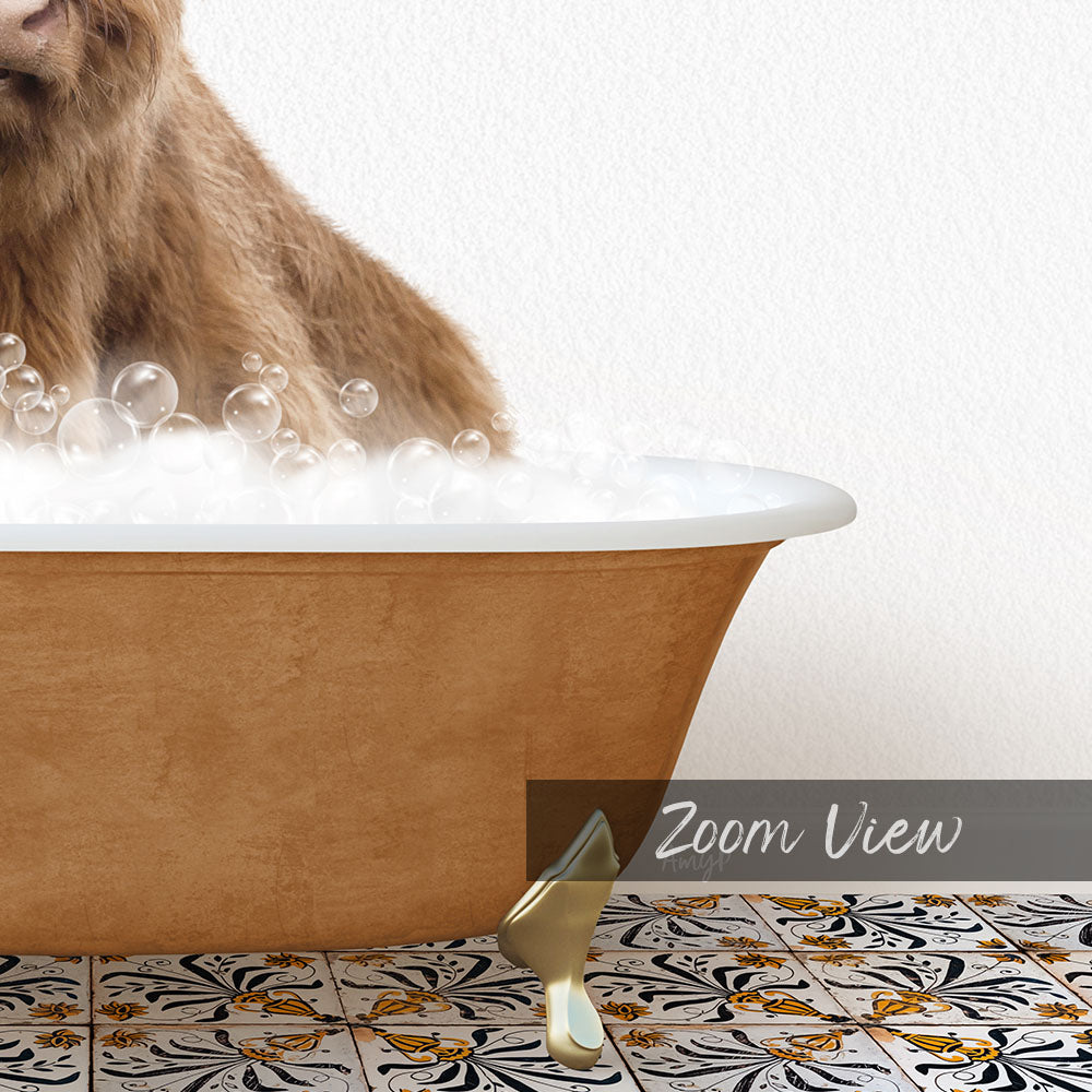A brown bear is sitting in a bathtub filled with bubbles, with a decorative tile floor in the foreground.