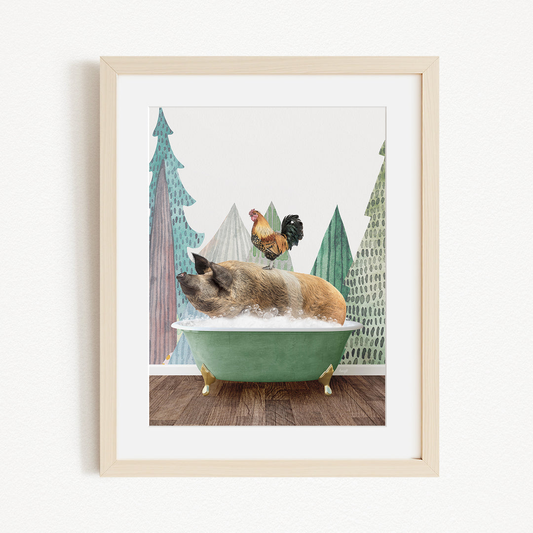 A pig is sitting in a green bathtub, surrounded by a rooster and pine trees, creating a whimsical and playful scene.