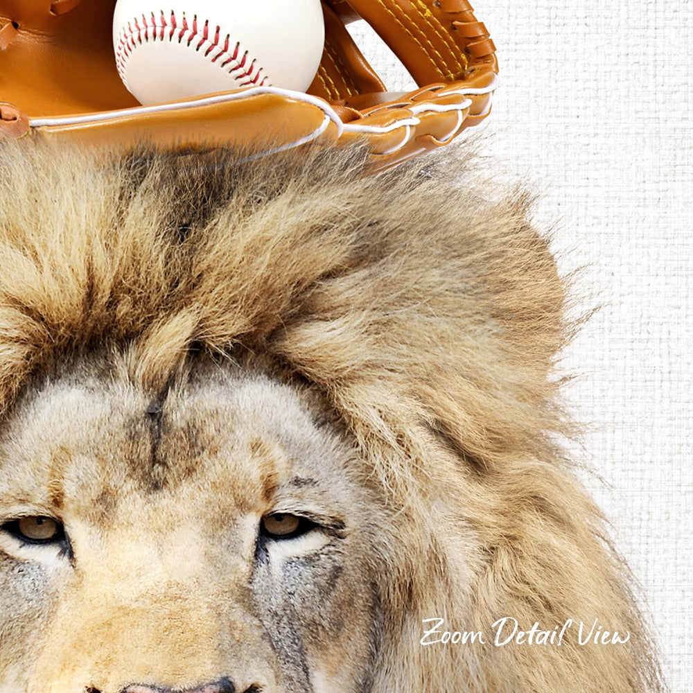 A close-up of a lion's head with a baseball glove on top of it, against a white background.