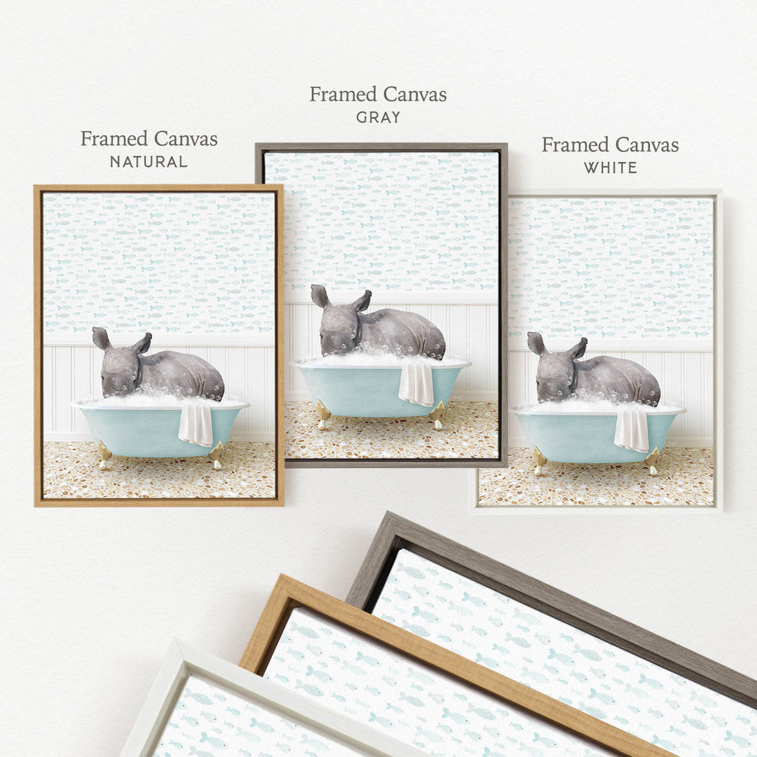 three framed prints of a rhinoceros sitting in a bathtub, each with a different color frame.