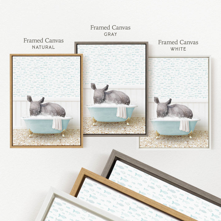 three framed prints of a rhinoceros sitting in a bathtub, each with a different color frame.