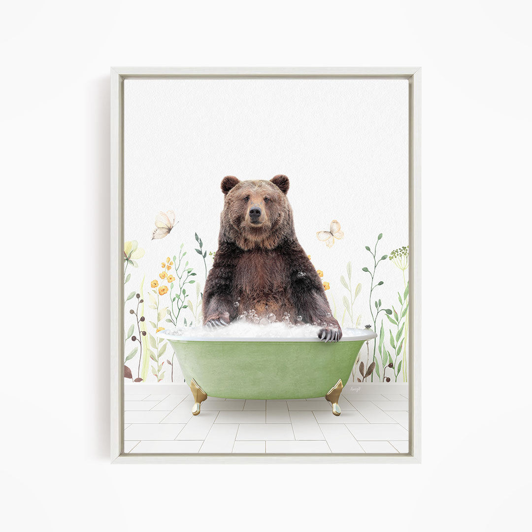 A brown bear sitting in a green bathtub filled with bubbles, surrounded by flowers and butterflies.