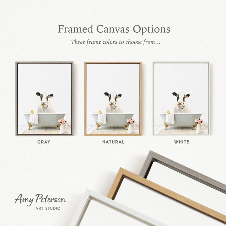 three framed canvas options, each featuring a cow in a bathtub, with different frame colors to choose from.