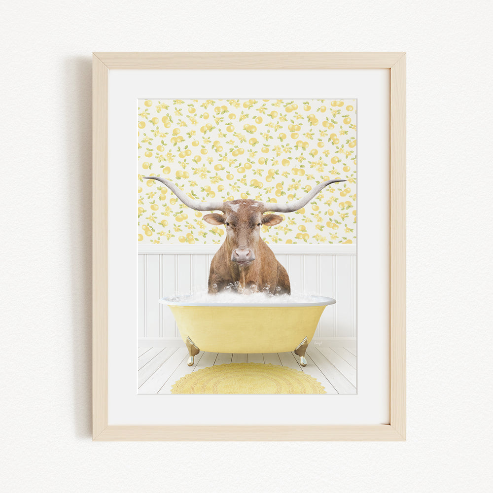 A brown cow with large horns is sitting in a yellow bathtub filled with water, surrounded by a yellow floral pattern on the wall behind it.