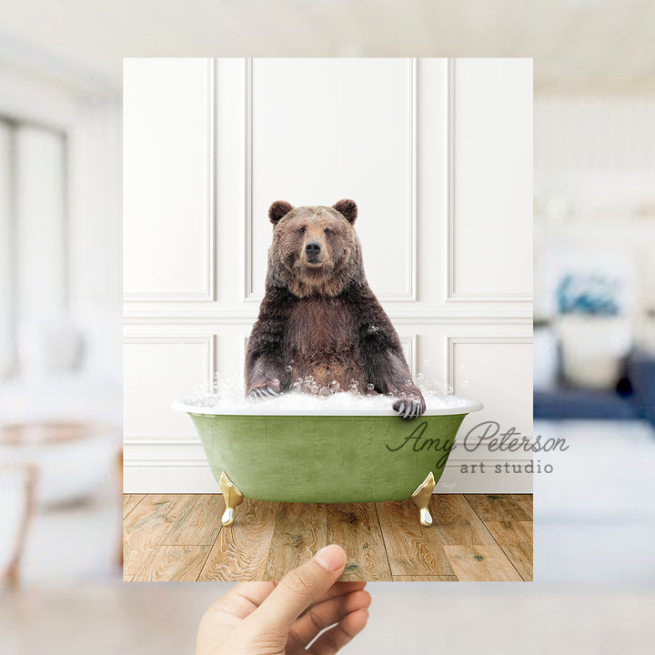 a bear sitting in a bathtub in a room