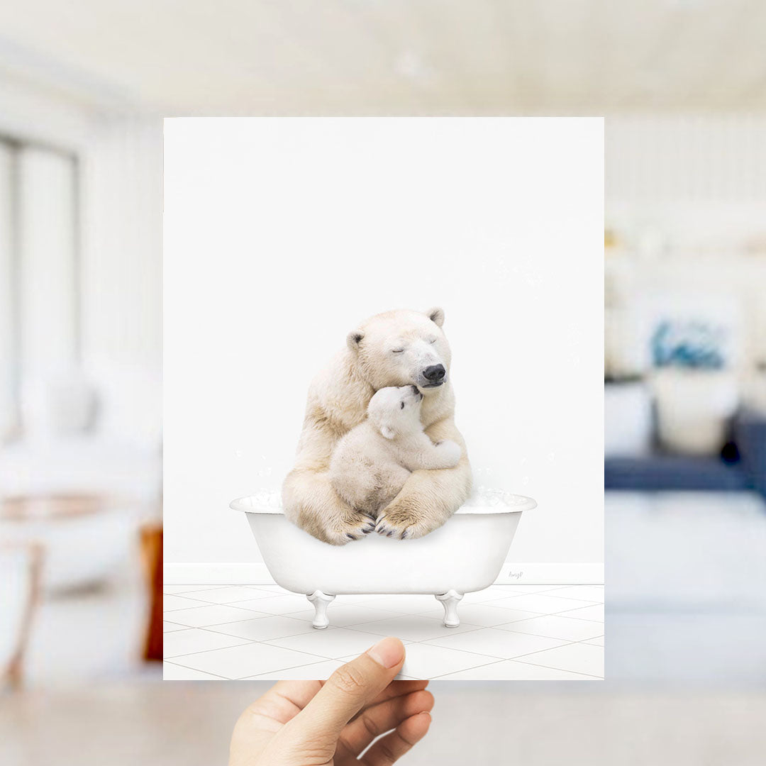 A polar bear and its cub sitting together in a bathtub, with the polar bear appearing to be hugging the cub.