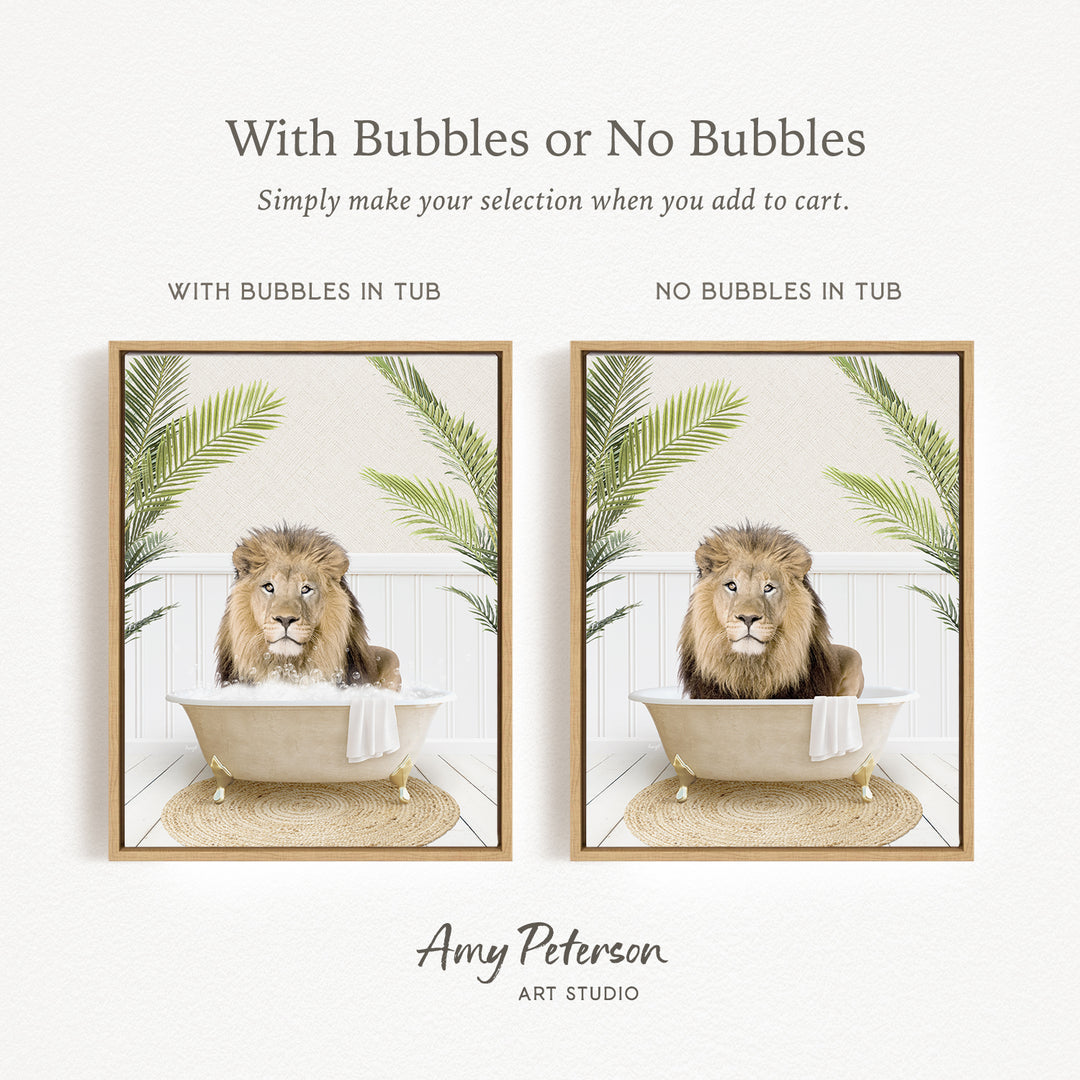 The image is a collage of two pictures featuring a lion sitting in a bathtub, with one picture having bubbles and the other not.