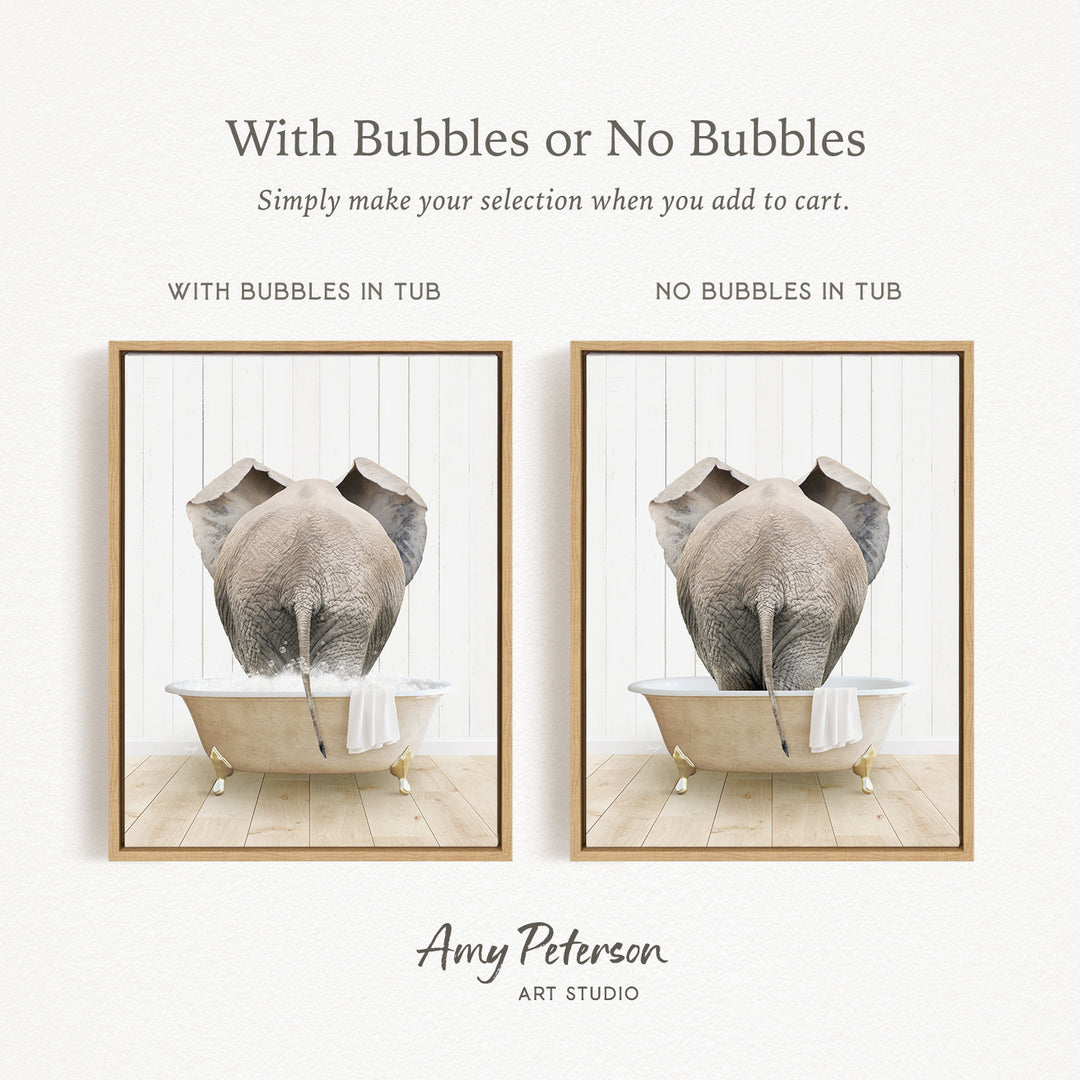 The image is a collage of two pictures, each depicting an elephant in a bathtub. The first picture shows an elephant with bubbles in the tub, while the second picture shows an elephant without bubbles in the tub. The text above the images reads "With Bubbles or No Bubbles Simply make your selection when you add to cart."