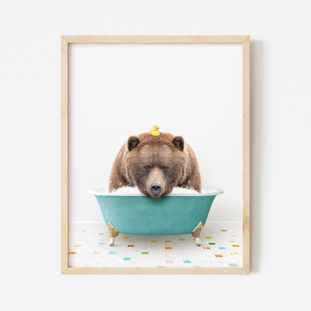 a bear is taking a bath in a blue bathtub