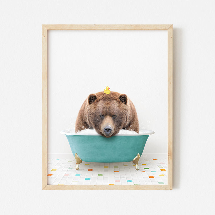 a bear is taking a bath in a blue bathtub