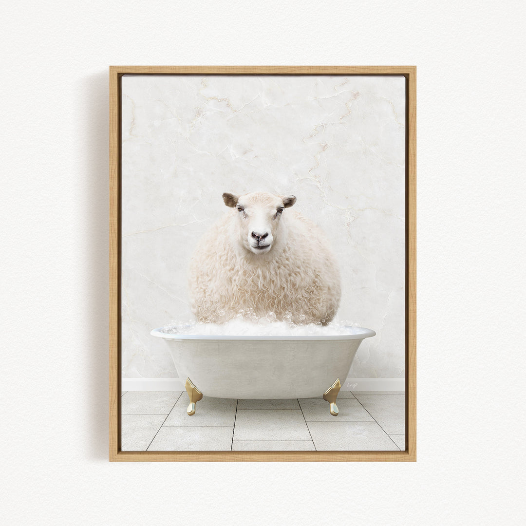 A fluffy white sheep sits in a white bathtub, surrounded by bubbles, creating a whimsical and playful scene.