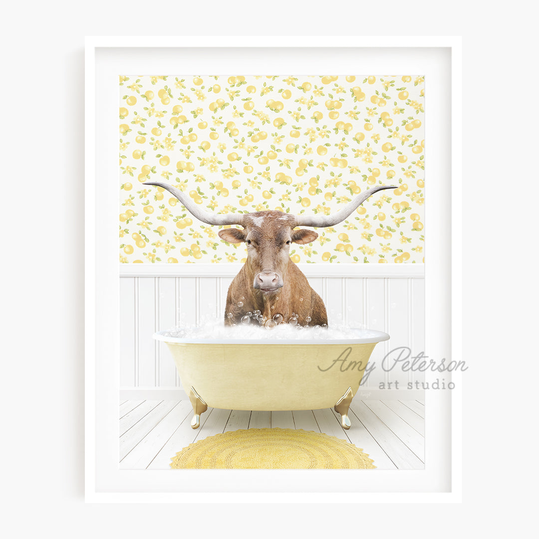 a bull with long horns sitting in a bathtub