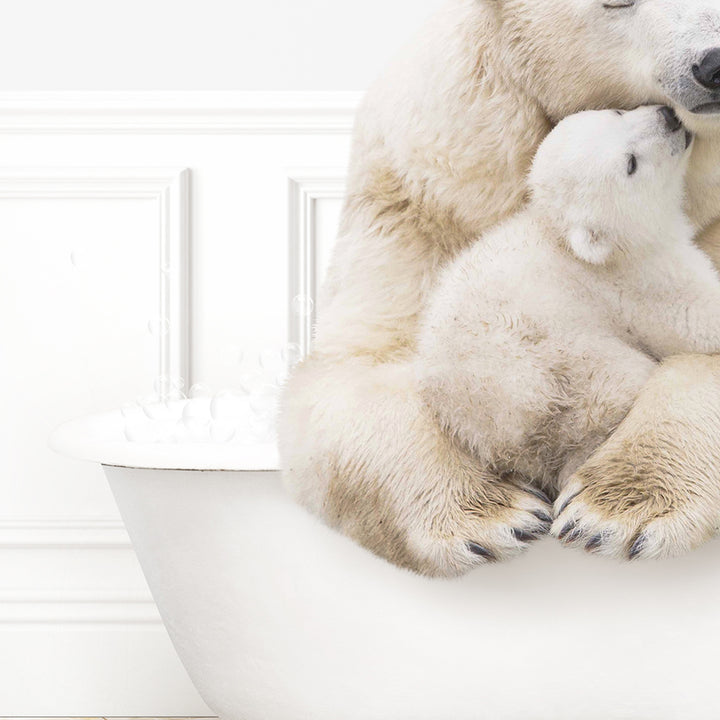 a mother polar bear holding her cub in a bathtub