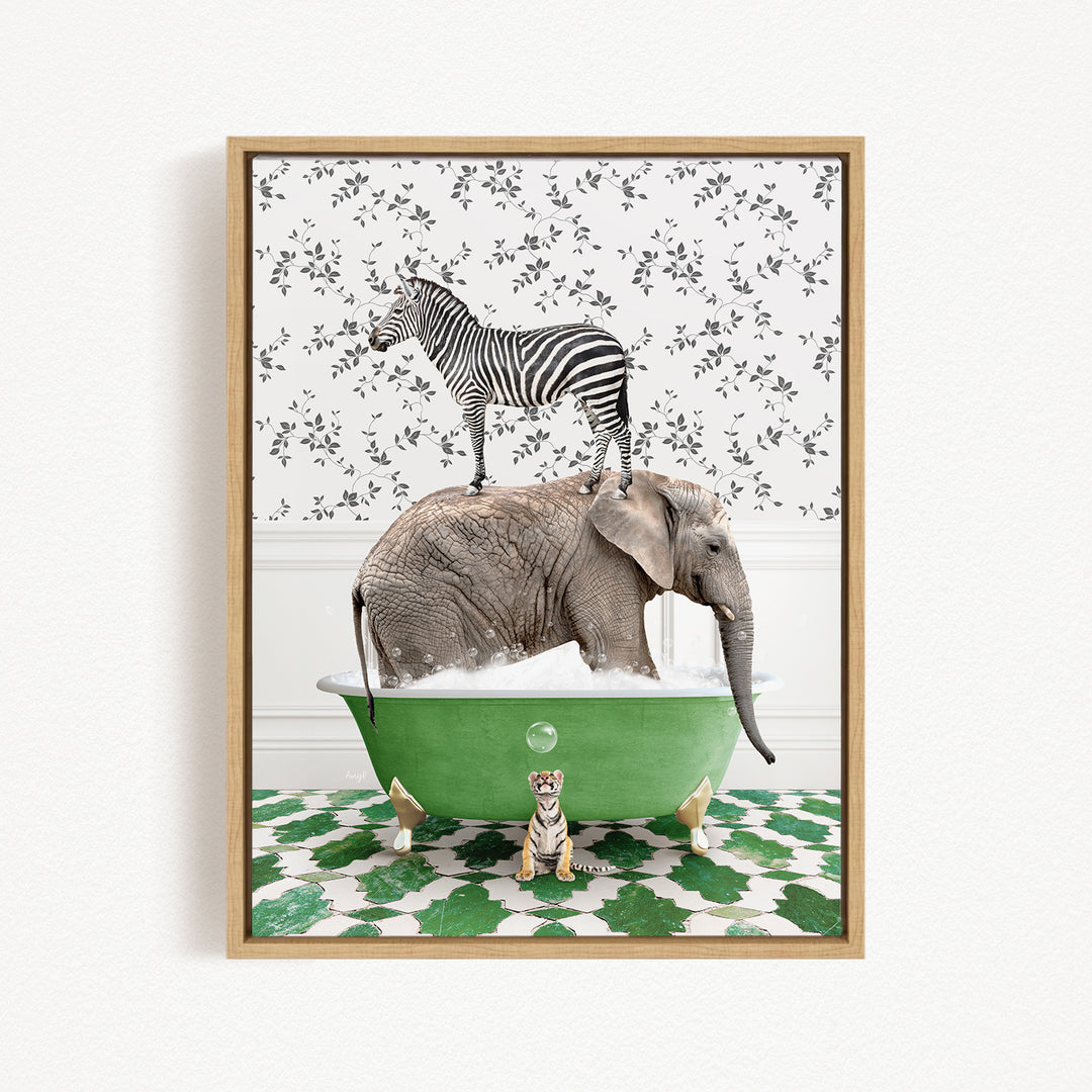 A zebra stands on the back of an elephant in a green bathtub, with a tiger sitting in the tub in front of them.