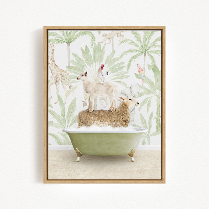 A framed illustration depicting a sheep standing on a bathtub filled with water, surrounded by various animals and tropical foliage.
