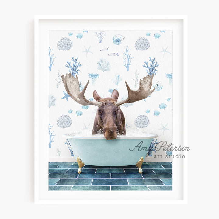 a moose is sitting in a bathtub with his head above the water