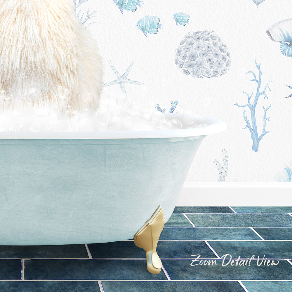 A fluffy white cat sitting in a blue bathtub filled with bubbles, with a wall decorated with marine life and starfish designs in the background.