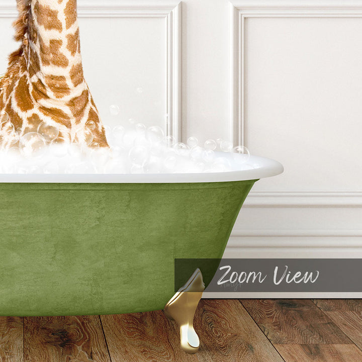 A giraffe standing in a green bathtub filled with bubbles, with a white wall in the background.