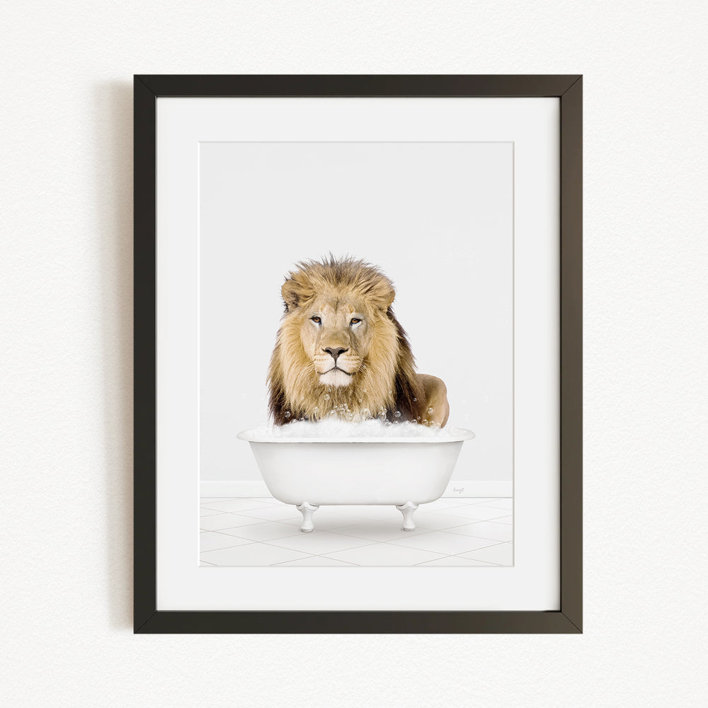 A lion sitting in a white bathtub filled with water, looking directly at the camera.