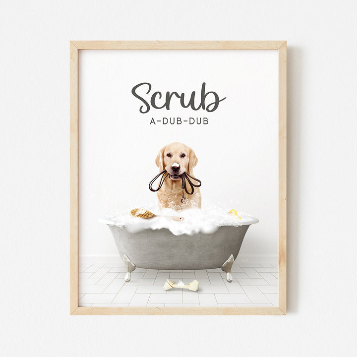 a picture of a dog in a bathtub with the words scrubb on it