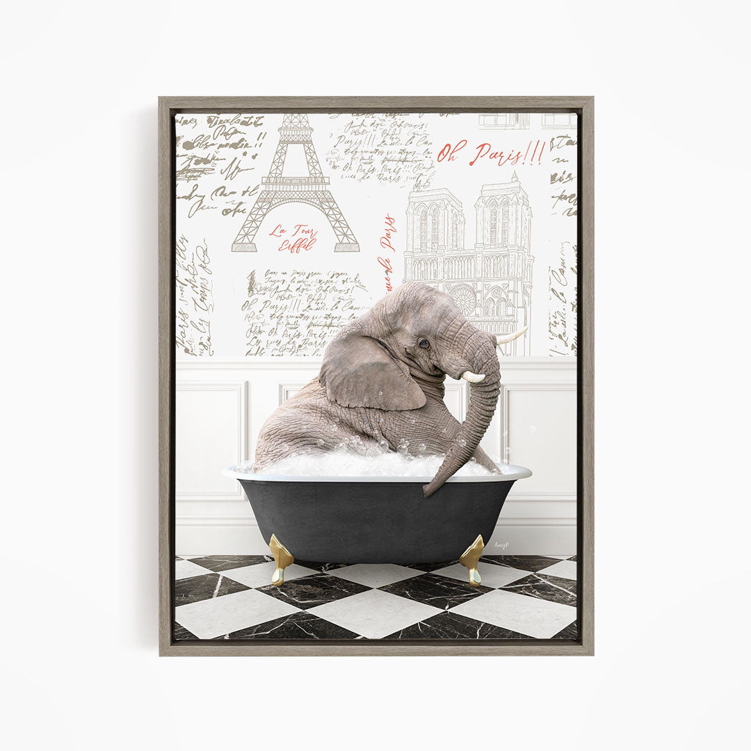 A gray elephant is sitting in a bathtub filled with water, surrounded by a checkered floor and a wall with the Eiffel Tower and other architectural drawings.