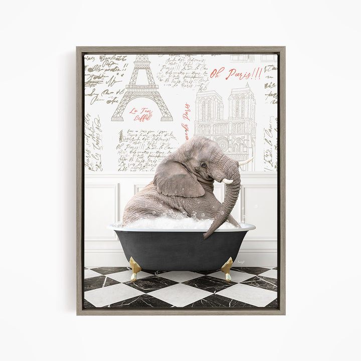 A gray elephant is sitting in a bathtub filled with water, surrounded by a checkered floor and a wall with the Eiffel Tower and other architectural drawings.