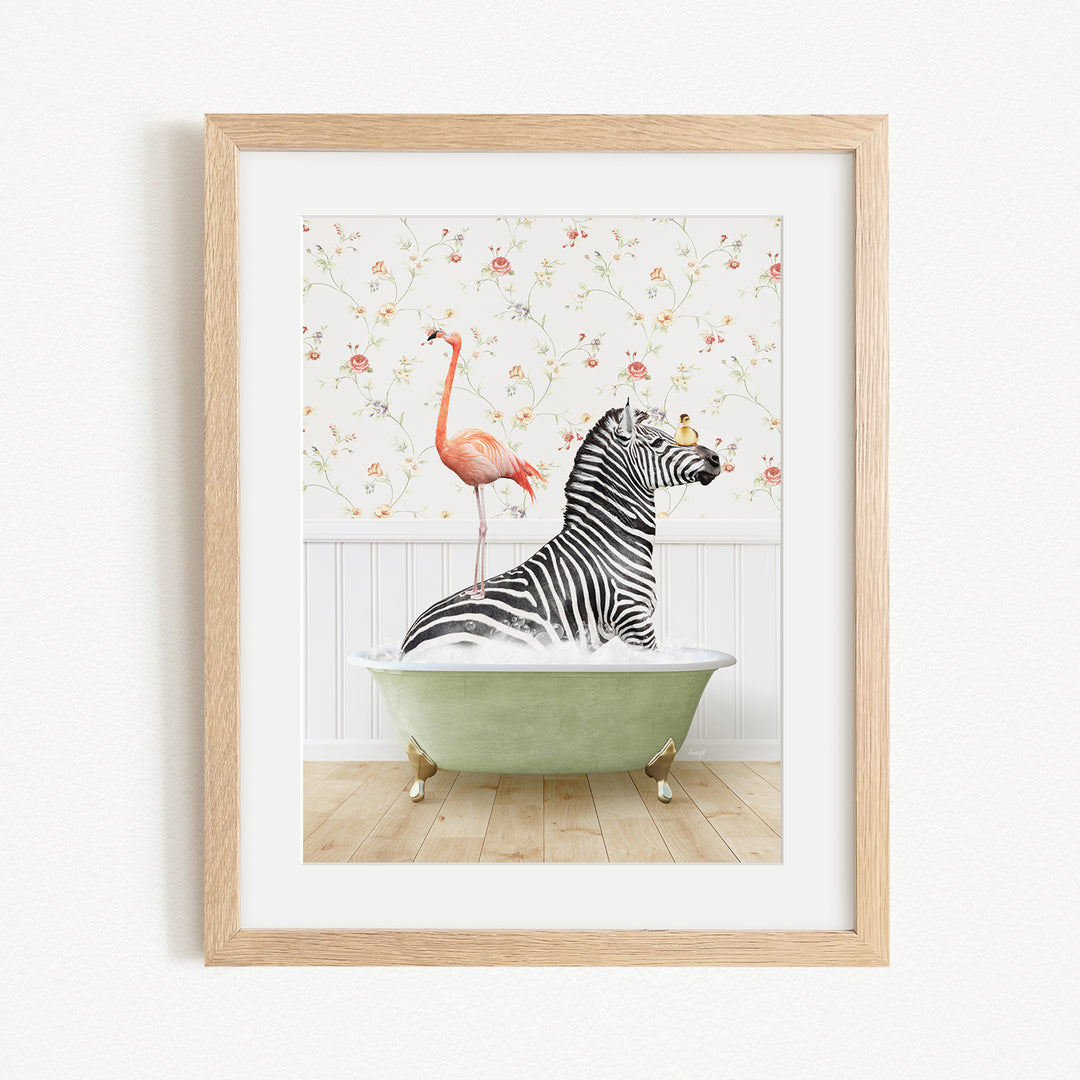 A zebra is sitting in a green bathtub, with a pink flamingo standing on its back and a bird perched on its head.