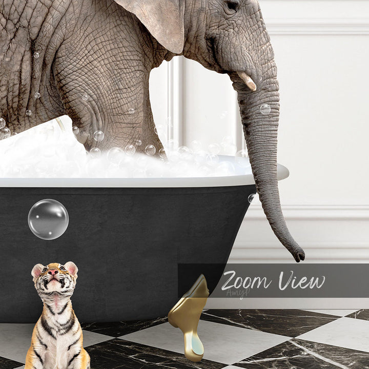 A large elephant is bathing in a bathtub filled with bubbles, while a small tiger figurine stands nearby.