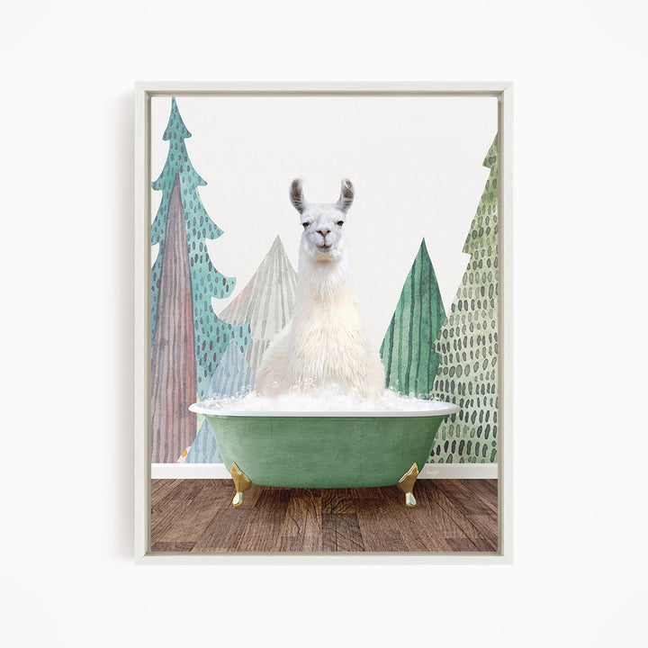 A white llama sitting in a green bathtub, surrounded by stylized trees and mountains in the background.