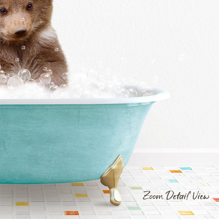 A small brown bear is sitting in a blue bathtub filled with bubbles, creating a whimsical and playful scene.