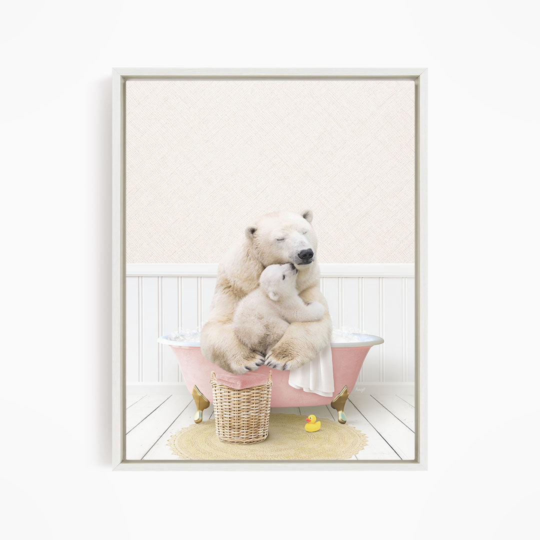 A polar bear sitting in a pink bathtub, with a baby bear nestled next to it, in a cozy and whimsical setting.