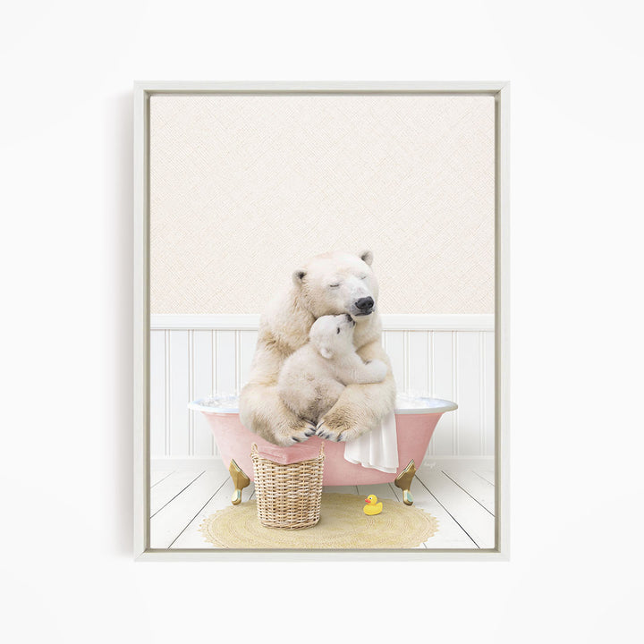 A polar bear sitting in a pink bathtub, with a baby bear nestled next to it, in a cozy and whimsical setting.