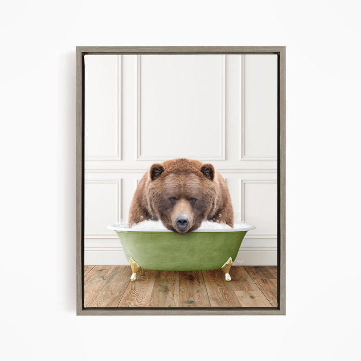 A brown bear is sitting in a green bathtub, appearing to be enjoying a relaxing bath.