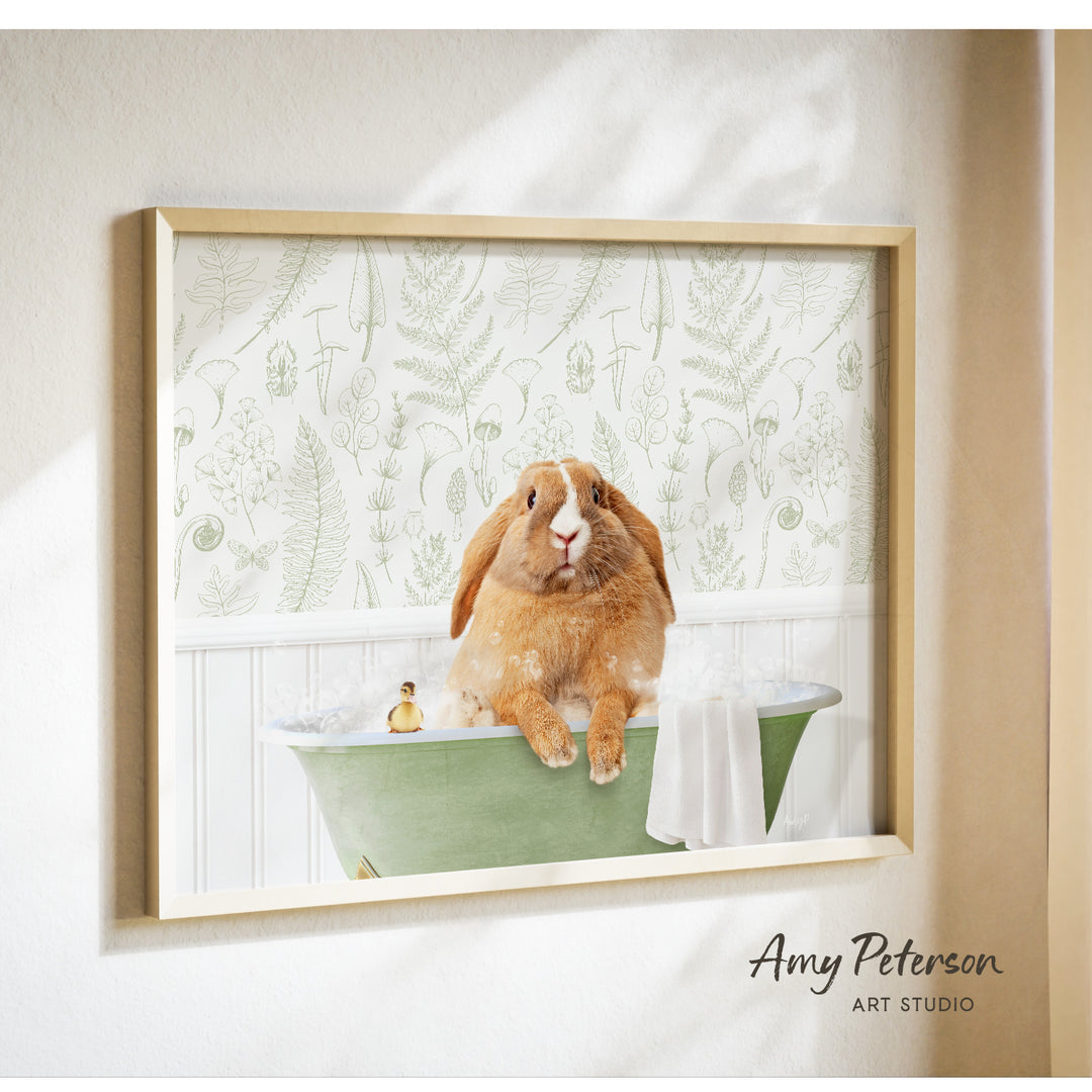 A picture of a rabbit sitting in a bathtub filled with water, surrounded by a green faucet and a towel.