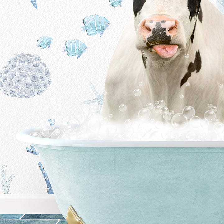 a cow sticking its tongue out in a bathtub filled with bubbles