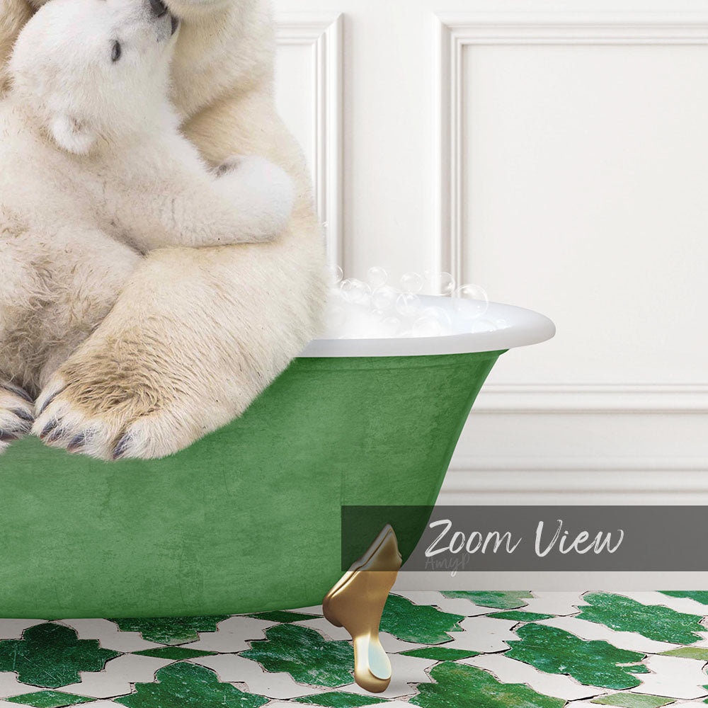 A polar bear sitting in a green bathtub, with bubbles surrounding it, and a text overlay that reads "Zoom View".