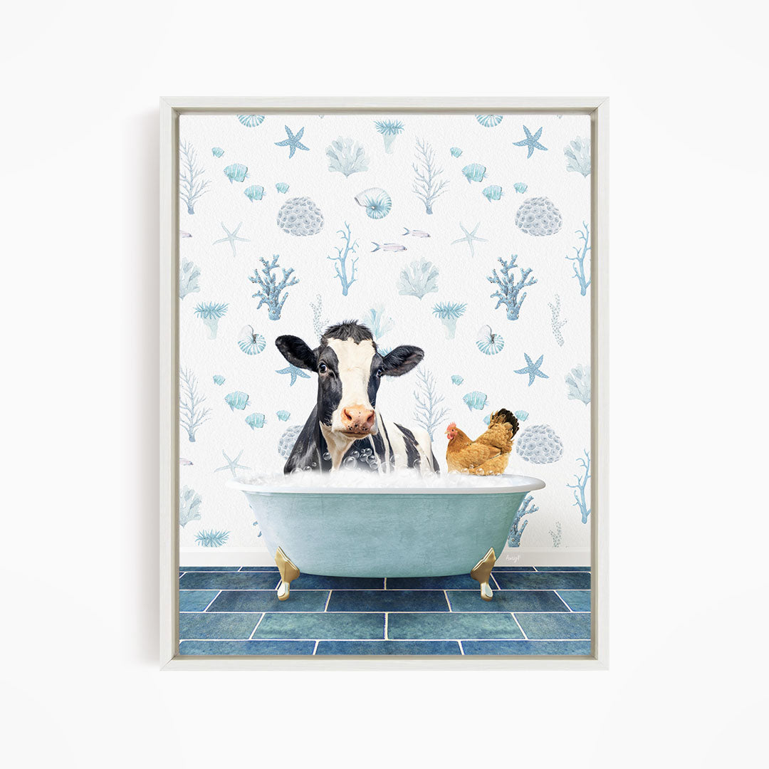 A cow is sitting in a bathtub filled with water, surrounded by a chicken and a starfish, against a backdrop of blue and white seashells and starfish.