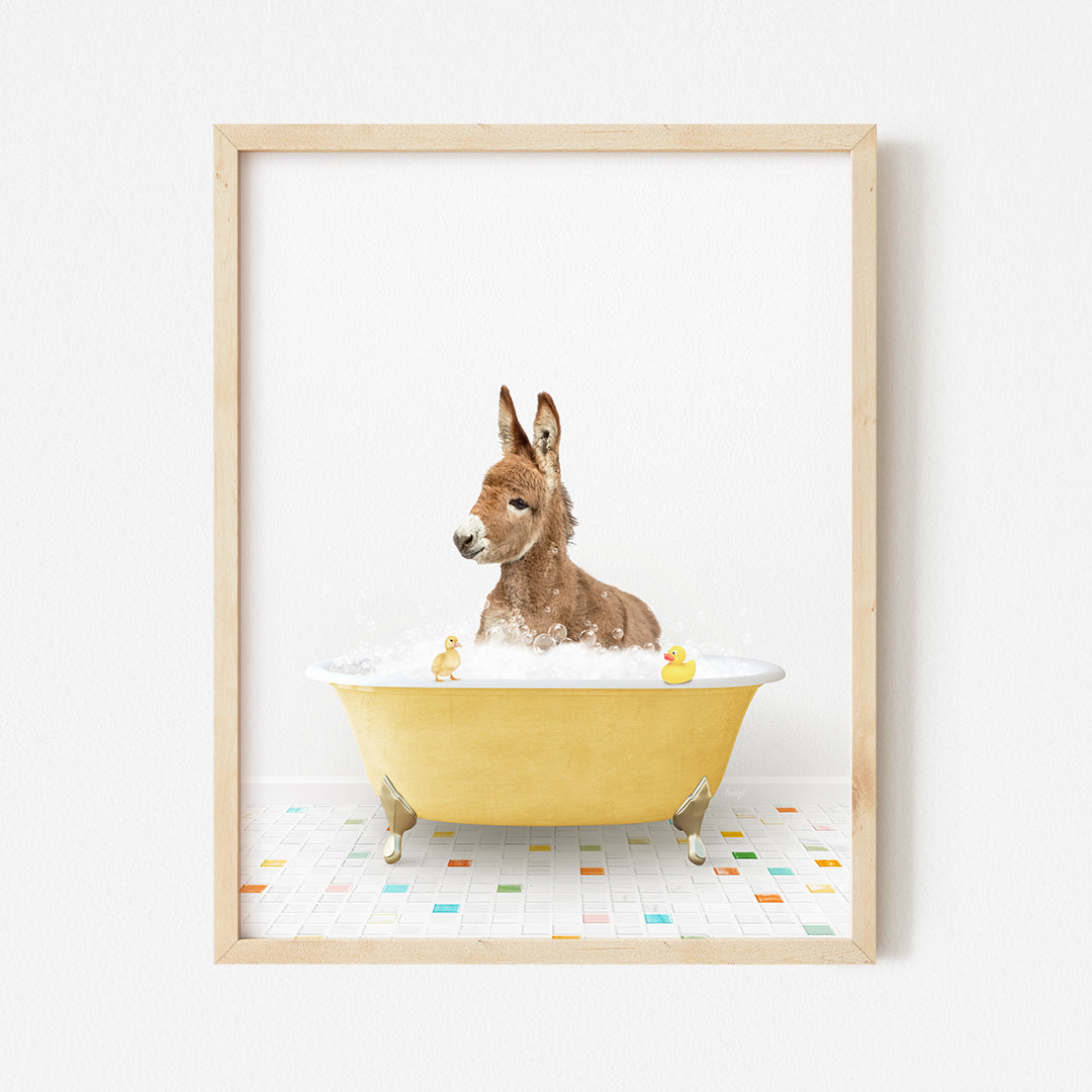 a dog is taking a bath in a yellow bathtub