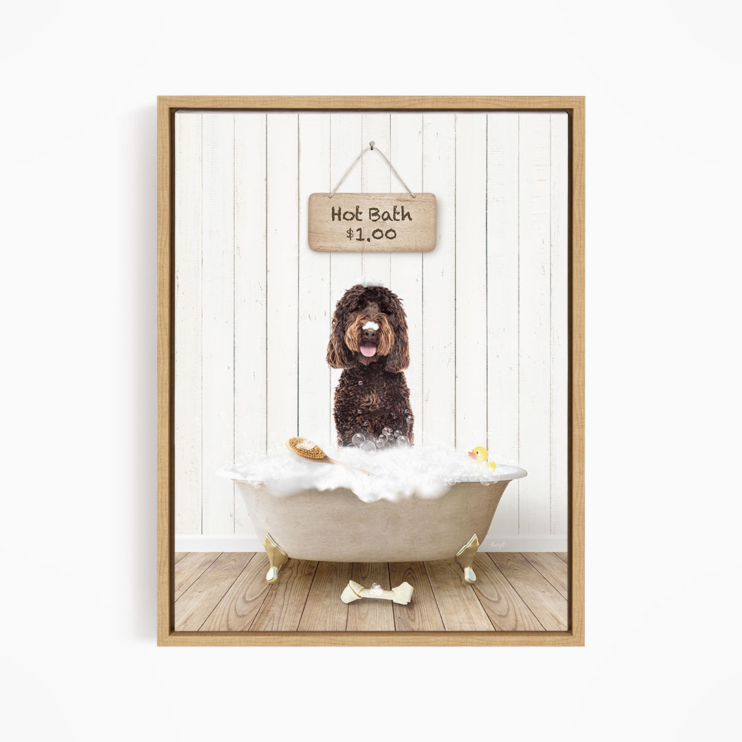 A brown dog sitting in a white bathtub filled with bubbles, with a sign above the tub indicating a hot bath for $1.00.