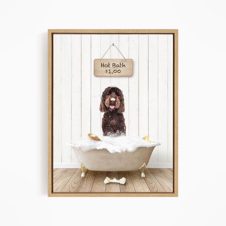 A brown dog sitting in a white bathtub filled with bubbles, with a sign above the tub indicating a hot bath for $1.00.