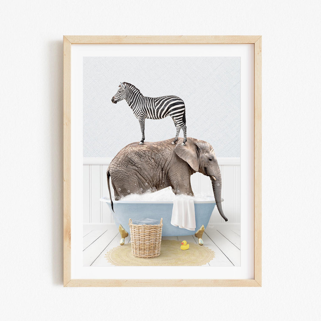 A zebra standing on an elephant's back while the elephant is in a bathtub filled with water and bubbles.