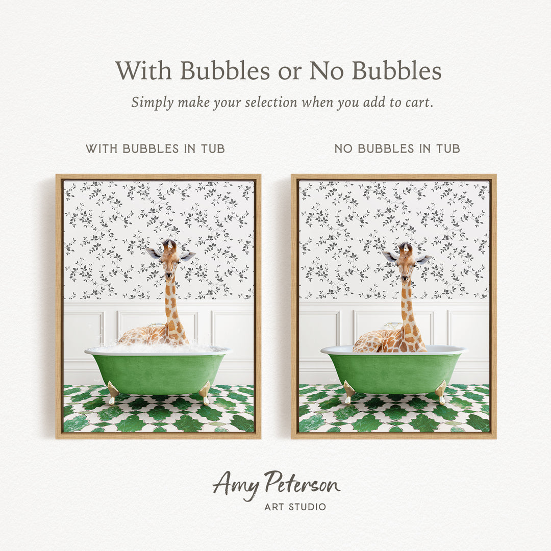 The image is a collage of two framed pictures, each depicting a giraffe in a bathtub. The text above the images reads "With Bubbles or No Bubbles" and below the images, it says "Simply make your selection when you add to cart."